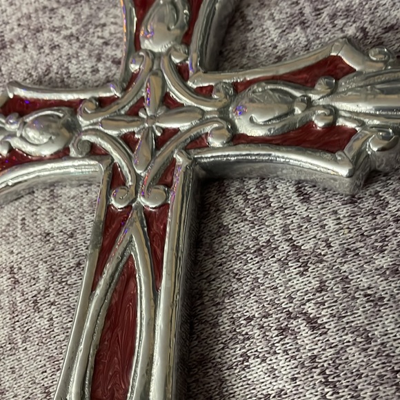 Cross shaped home decor.  Silver color with red. - Picture 2 of 16